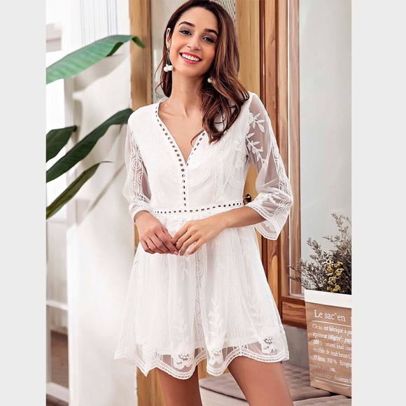 Embroidery on Mesh V-Neck White Mini Dress - Picture 3 of 8